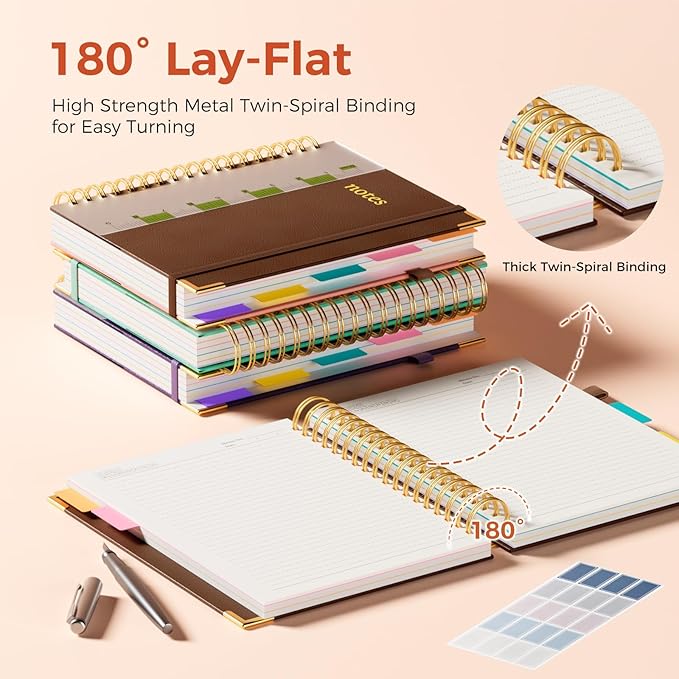 Line Hardcover Spiral Notebook with Removable Dividers Tabs & Ruler, 5 Subject Notebook College Ruled, 300 Page, Large 8"x10" B5 Notebooks for Work School, Lined Journal for Women & Men, Brown