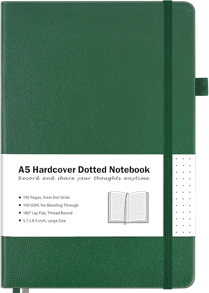 Dotted Journal, Hardcover Notebook, Dot Grid Notebook Journal for Women, Men, Large Leather Journals for Writing, Bullet, No Bleed Thick Paper, A5 Notebooks for Work, School, Notes, 5.7"x8.5", Green