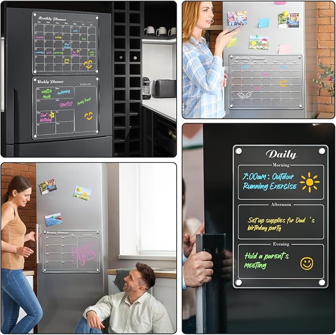 DIYMAG Magnetic Calendar for Refrigerator 3 PCS Dry Erase Wall Planners 15.2"x11.2" Magnet Fridge Monthly Weekly Daily White Board Planning Acrylic Clear Apartment Decor Meal Planner with 6 Colors Markers
