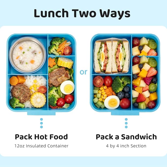 Kids Lunch Box with 12oz Insulated Food Jar, Leak-Proof Bento Box for Kids | 4 Compartments for Hot & Cold Food, Easy-Open School Lunch Container for Boys & Girls