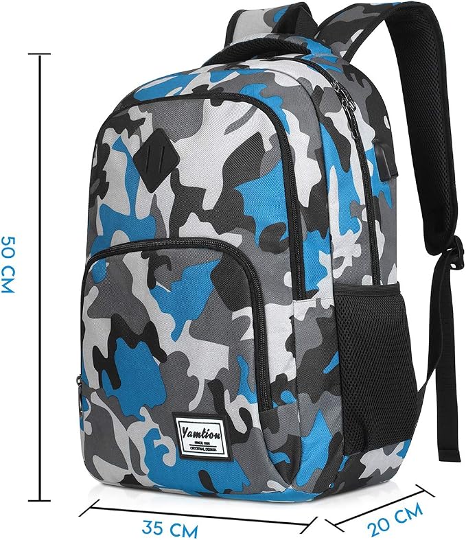 School Backpack for Teen Boys,Bookbag for High School College Backpack with USB,Camouflaged Blue