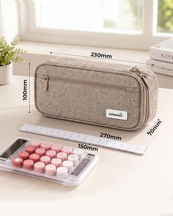 WEMATE Pencil Case, Large Capacity Pencil Pouch, Big Storage Organizer | for Stationery, Zipper Pen Bag, Travel Pen Box, Office Organizer Makeup Bag for Men Women Brown