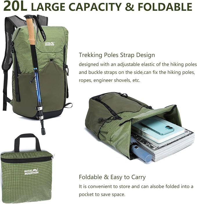 20l Hiking Backpack For Women&Men, Water Resistant Daypack Backpacks, Foldable & Packable Hiking Backpack, Lightweight Small Daypack For Travel Camping (Green)