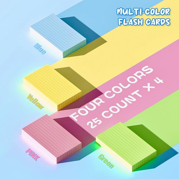 Colored Index Cards 3x5, 1200 Pcs Ruled Colored Flash Cards for Studying, 4 Bright Notecards 3x5 Lined, 50 Per Color 3 x 5 Flashcards Recipe Cards, Lined Note Cards for School, Office and Home