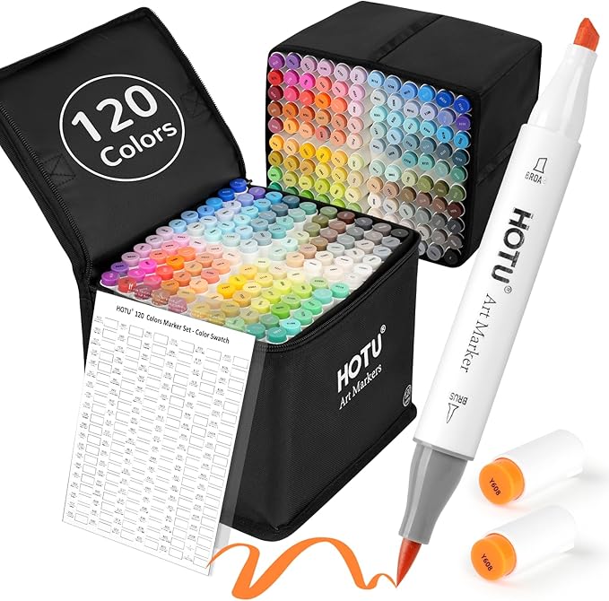 HOTU 120 colors Alcohol Markers Brush Tip&Chisel Tip, 96 Vibrant Colors&24 Skin tone set, Upgraded Brush tip Alcohol-based Markers for Adult Coloring Books, Illustration&Drawing- CPC Certificated