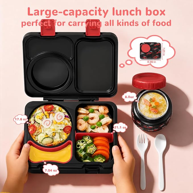Kids Insulated Lunch Box with 8OZ Thermo Food Jar | Leakproof Bento Box with Ice Pack Sauce Cup Utensils Removable Tray & Dividers for School Daycare Travel, Racing Cars
