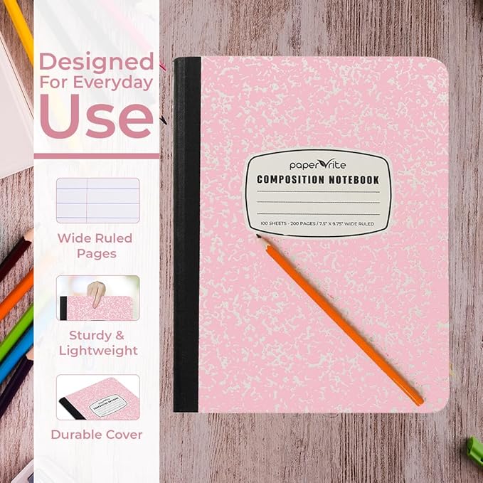 Assorted Marble Composition Notebook Wide Ruled (9.75x7.5 in), 100 Sheets | 200 Pages | For School, Office, Students, Teachers (1, Light Pink)