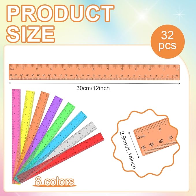 32 Pcs Multicolor Plastic Rulers - 12 Inch Shatterproof Flexible Measuring Tools with in/Cm Scales, Ideal for Classroom, Office & Art Projects