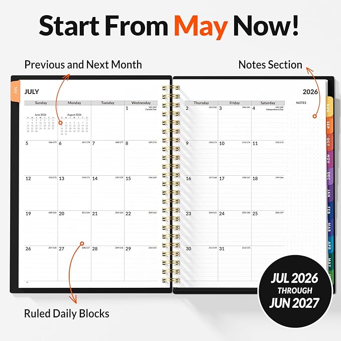 SUNEE 2026-2027 Appointment Book, Quarter-Hourly, Weekly & Monthly - from July 2026 to June 2027, 8.5"x11" Academic Planner, Flexible Cover, Note Pages, Bookmark, Spiral Binding, Black
