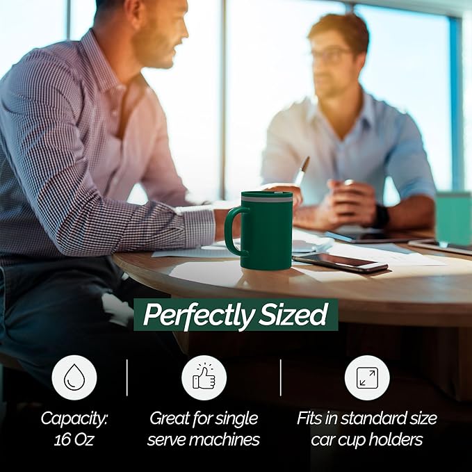 Copco Iconic 16oz Double Wall Insulated Desk Mug with Lid & Handle, Set of 2, BPA-Free Reusable Plastic, Spill-Resistant, Microwave & Dishwasher Safe, Wide Mouth (Green/Hunter Green)