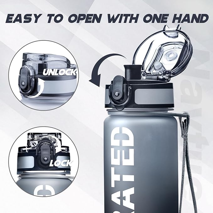Water Bottle, 32oz Sports Water Bottles with Time Marker Wide Mouth, Motivational and Leakproof Drink Bottle, BPA Free Tritan with Carry Strap for Gym Fitness Outdoor (1 Bottle)