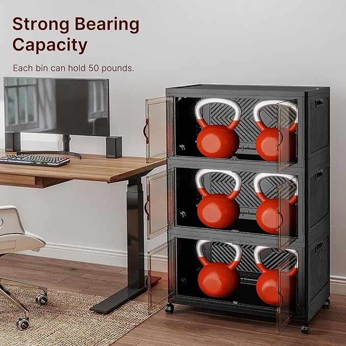 UAMFURI Extra Large Stackable Storage Bins with Lids & Wheels, 165QT-55QT/14GAL*3Pack Foldable Collapsible Closet Organizers Dark Storage Cabinet with Doors for Bedroom Dorm
