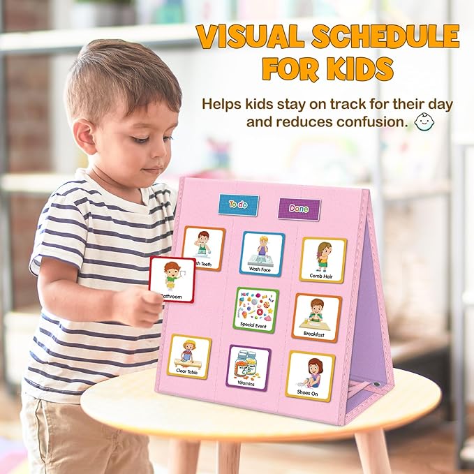 Large Visual Schedule for Kids Chore Reward Chart,Bedtime Routine Chart for Toddlers,Double Side Schedule Board with 109 Cards for Home School Planner,Autism Learning Materials (Pink)