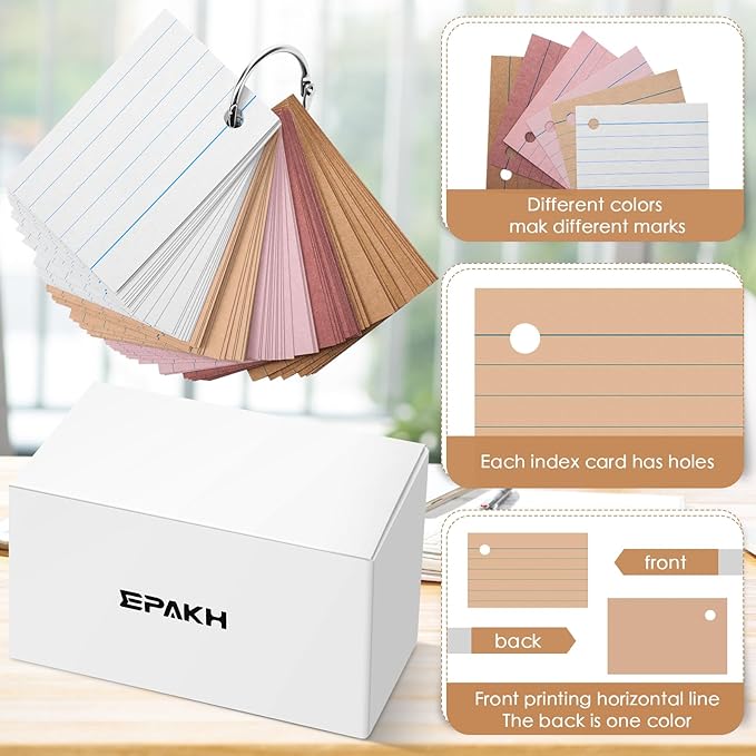 Epakh 300 Pieces Lined Index Cards 180 GSM Thick Flash Cards with Rings Notecards Punched Back to School for Studying Adults Home College Office(2 x 3 Inch,Yellow Series)