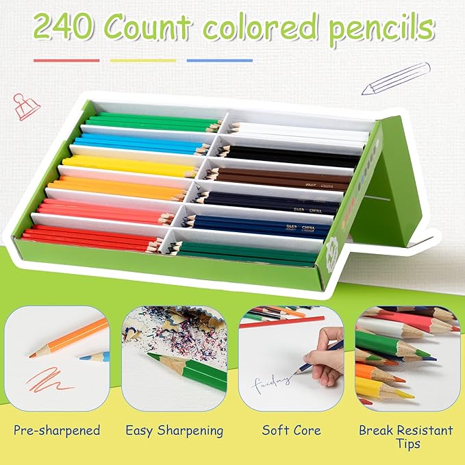 S & E TEACHER'S EDITION Colored Pencils 240Pcs,Coloring Pencils Set Drawing Pencils for Sketch, Woodcase Lead Pencils, Wooden Colored Pencils, Back to school