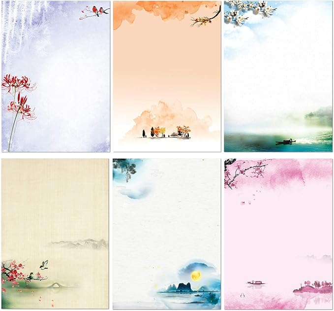 Stationary Set Japanese Stationery Letter Writing Paper, 48 Pack Stationary paper and envelopes set Ink Painting Design - 48 Stationary papers + 24 Envelopes
