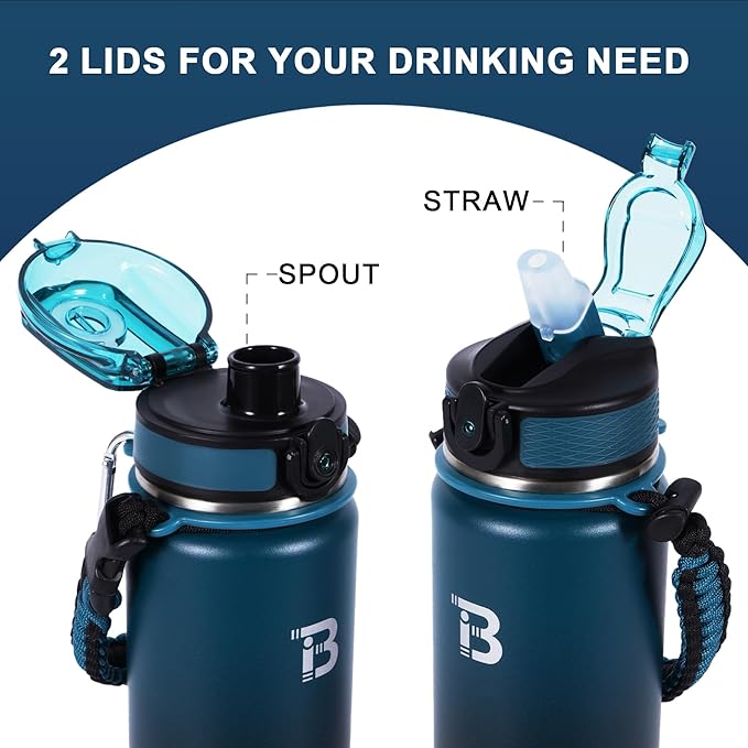 TOPBADE 32oz Insulated Water Bottle with Straw Lid & Spout Lid & Paracord Handle, Stainless Steel Water Bottle Wide Mouth, Double Wall for Women Men Gym Fitness Outdoor