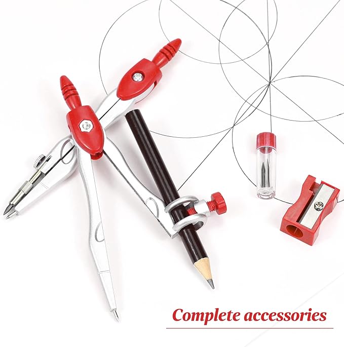 Unjoo Math Geometry Kit Sets 10 Piece Student Supplies with Shatterproof Storage Box,Includes Rulers,Protractor,Compass,Eraser,Pencil Sharpener,Lead Refills,Pencil,for Drafting and Drawings（Red）
