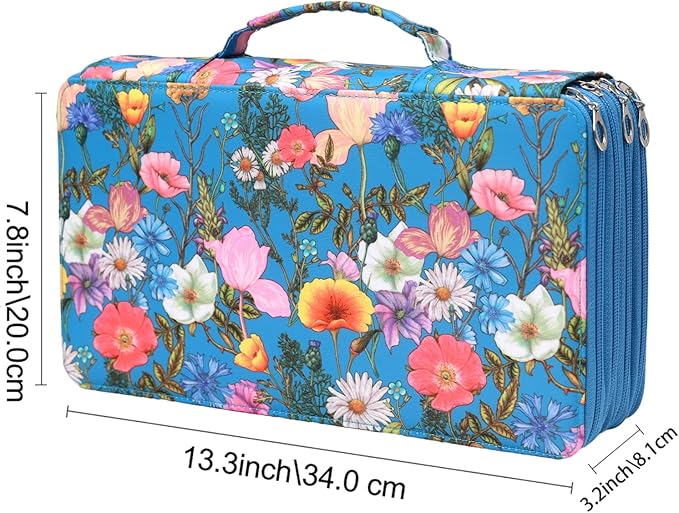 Colored Pencil Case - Large Capacity Colored Pencil Holder with Zipper Closure Twill Fabric Pencil Case for 300 Colored Pencils or 200 Gel Pen, Pencil Case Organizer for Artist (Blue Flower)