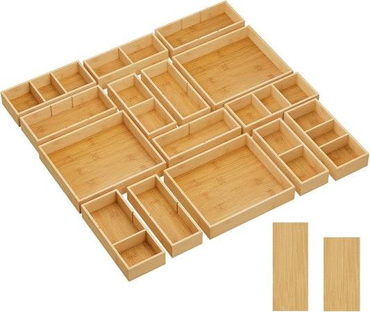 Lifewit Drawer Organizer 15 Pack(33 Grid) with 18 Inserts, Wooden Adjustable Desk Drawer Divider Trays, Storage Bins for Makeup, Kitchen Utensils, Vanity Accessories in Office/Bathroom/Bedroom