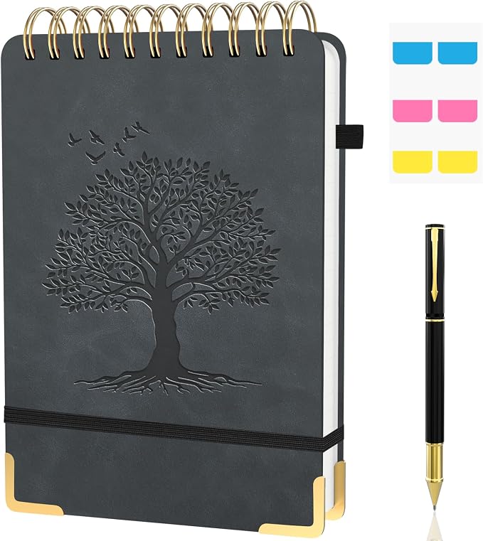 A5 Top Spiral Notebook, Tree Pattern Large Leather Hardcover Left Handed Journal, 240 Pages 100 Gsm Lined Paper Top Bound Steno Pads for Work, School, Travel Writing - Black, 5.9" x 8.5"