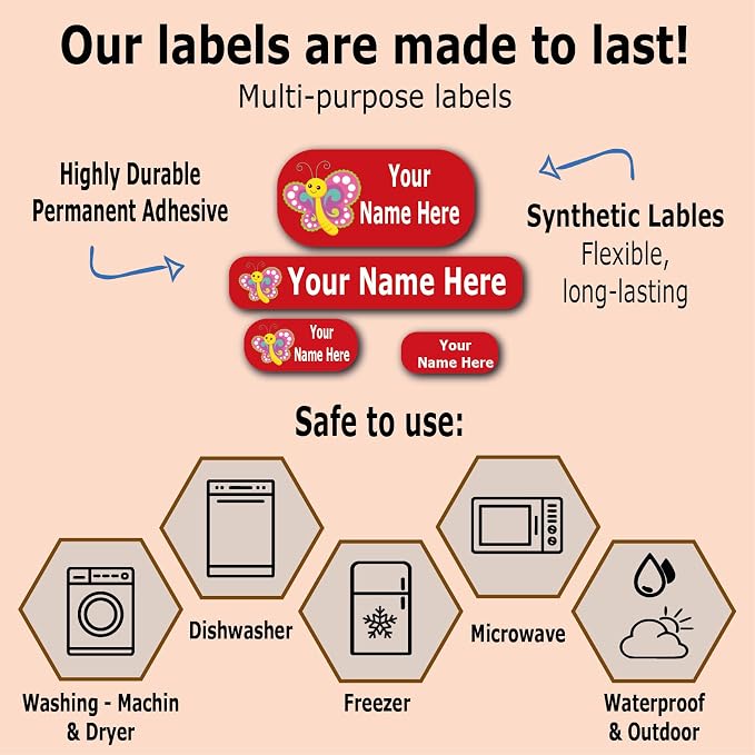 Waterproof Name Labels – Girls, Boys and Kids Icon Designs. 126 Custom Stickers for School, Daycare and Camp. Personalized Labels, Dishwasher and Microwave Safe, Machine Washable.