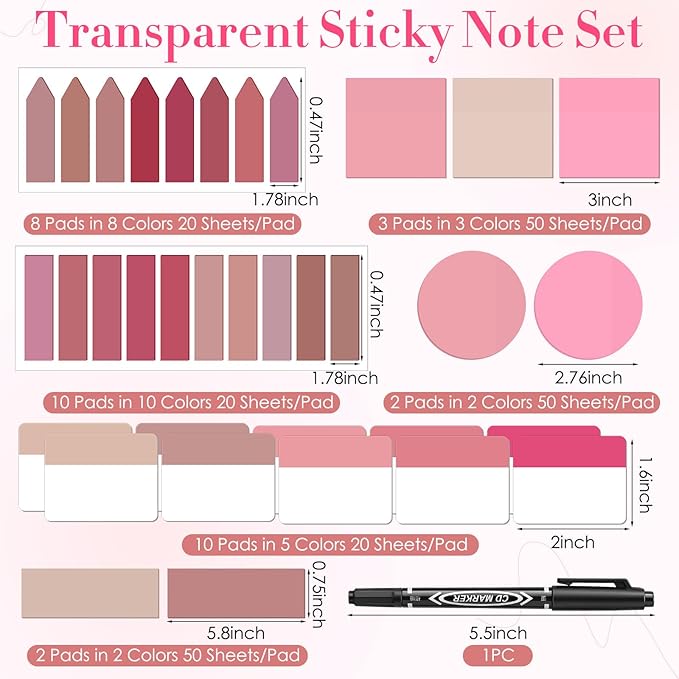 Glenmal Transparent Sticky Note Set 910 Sheets Translucent Clear Self-Adhesive Sticky Notes Bulk Gradient Color Waterproof for Bible Tabs Book Tabs Office Study Supplies Book Annotation (Pink)