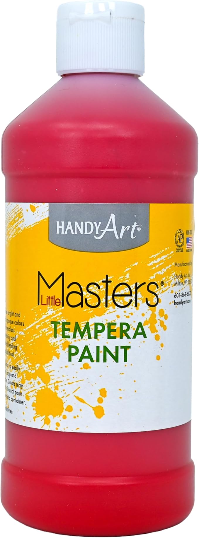 Handy Art Little Masters Tempera Paint, Red, 16 oz Bottle, Bright & Mixable, High Opacity, Washable Colors for Classroom, Students, Kids, Young Artists, Safe & Non-Toxic, Made in USA