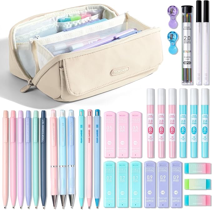 Four Candies 36PCS Mechanical Pencil Set with 624 Lead Refills (White) | 0.5mm, 0.7mm, 0.9mm & 2.0mm Mechanical Pencils, Aesthetic School Supplies for Writing, Drawing, Drafting and Note-Taking