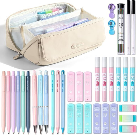 Four Candies 36PCS Mechanical Pencil Set with 624 Lead Refills (White) | 0.5mm, 0.7mm, 0.9mm & 2.0mm Mechanical Pencils, Aesthetic School Supplies for Writing, Drawing, Drafting and Note-Taking