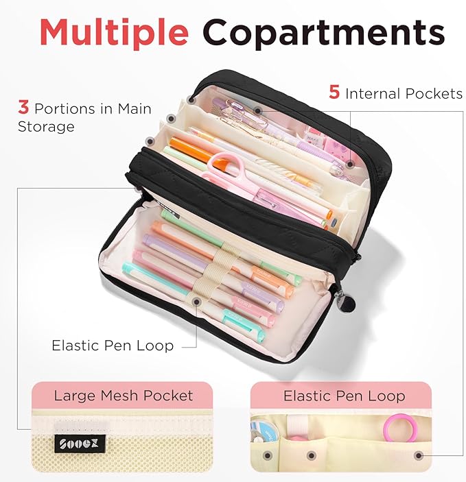 Sooez Large Pencil Case Pouch, Extra Big Pencil Bag with 8 Compartments, Pen Bag Wide Opening, Soft Quilted Pencil Pouch Organizer with Zipper, Portable Pencil Case for Teen Girls, Black