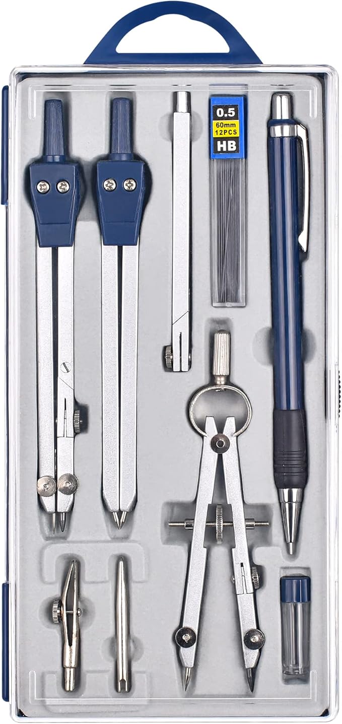 Unjoo 9Pcs Precision Geometry Set Metal Compass, Geometry Tool Tool Set with Shatterproof Storage Box, Circle Drafting Tool and Architecture, Drafting Kits for Engineers Students(Blue)