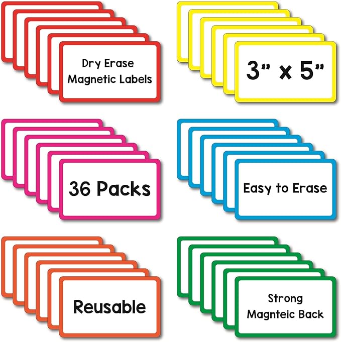 IMAGAME 36 Pack Magnetic Dry Erase Labels - Magnetic Blank Cards with Color Borders, Reusable Magnetic Name Tags - Dry Erase Labels for Home, Office, Classroom - 3 x 5 Inches