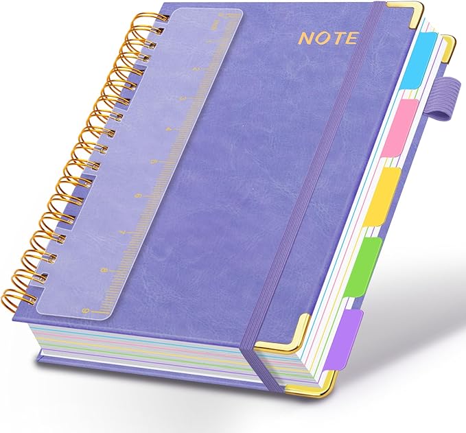 Hardcover Spiral Notebooks for Work 8''x 10'', 300 Pages 5 Subject Notebook with Dividers & Tabs, B5 Spiral Journal for Women, College Ruled Notebooks for School Note-Taking (Lilac Purple)