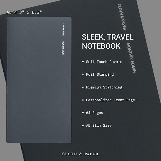Cloth & Paper Travel Notebook | Monthly Admin – Lagoon | A5 Slim Monthly Planner Notebook 4.3" x 8.3" | Calendar Planner featuring Monthly Layout for Tasks, Notes & Important Dates – Soft Touch Cover