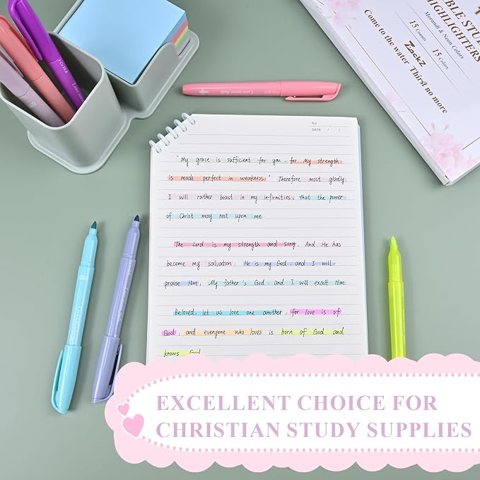 7-ackz Bible Highlighters Assorted Colors with Verses, Chisel Tip Colored Highlighter Markers Bulk Fluorescent, Dry Quick Bright Colors, Perfect for Bible Study Journaling, 15 pack