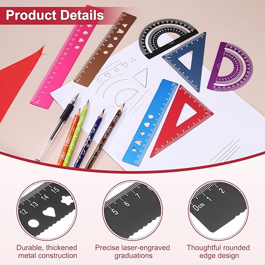 PATIKIL 4 Pcs Geometry Drafting Tool, Aluminum Alloy Geometry Kit Math Tool Includes 15cm L Ruler Protractor Triangles for Drafting Angle Measure Simple Science Experiment, Black