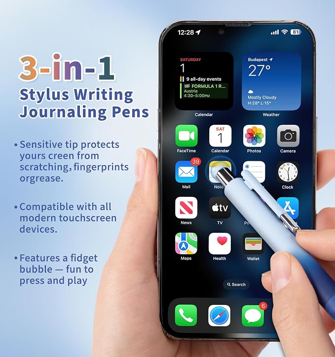 Gel Pens, 0.5mm Quick Dry Black Ink Pens Fine Point Smooth Writing Pens | 3-in-1 Stylus Retractable Gel Pen with Stylus tip, Cute Office School Supplies Gifts for Women Men (6 gel pens + 6 refills)