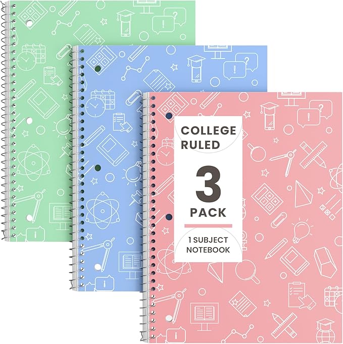 Oucaru Spiral Notebooks, 3 Pack, 1-Subject, College Ruled Paper, 8" x 10-1/2", 70 Sheets per Notebook, Spiral Notebooks for School, Office, Home, Writing