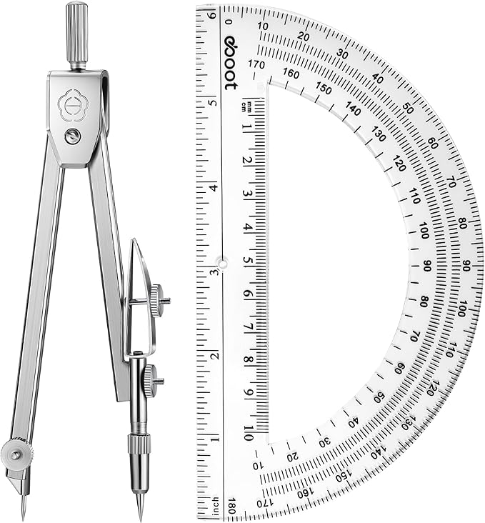 Zonon Student Protractor and Compass Set, Student Geometry Math Set, Compass for Geometry and 180 Degree 6 Inch Protractor for Drawing Measuring School Office(1 Pcs,Clear)