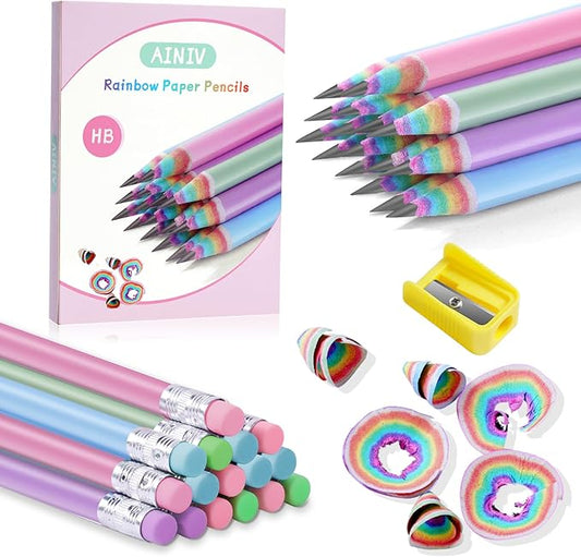 Ainiv 32PCS Eco-friendly Rainbow Wood & Plastic Free Recycled Paper Pencils #2 HB with Sharpener, Macaron Colored Pencils for School & Office