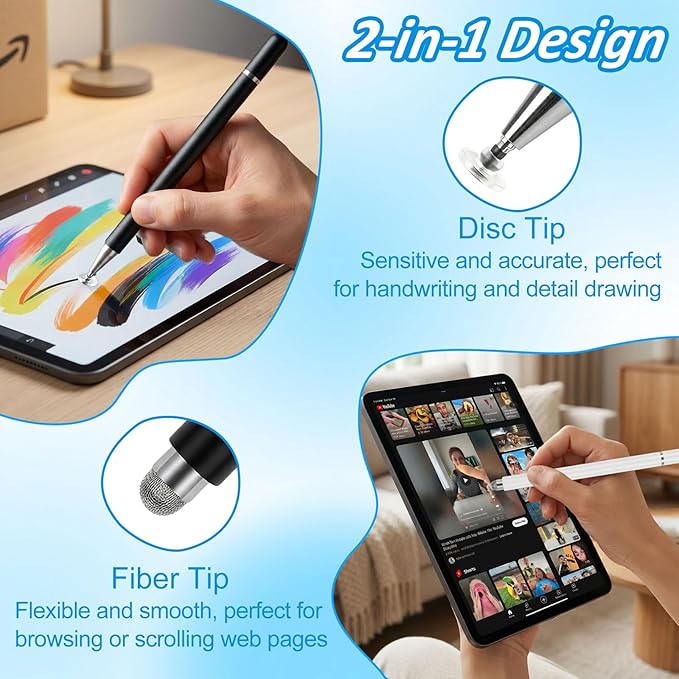 Stylus Pens for Touch Screens (2 Pcs), 2 in 1 Magnetic Disc & Fiber Tip Stylus Pen for iPad with Magnetic Cap, Compatible with All Touch Screens - Free Replacement Disc Tips, Black and White