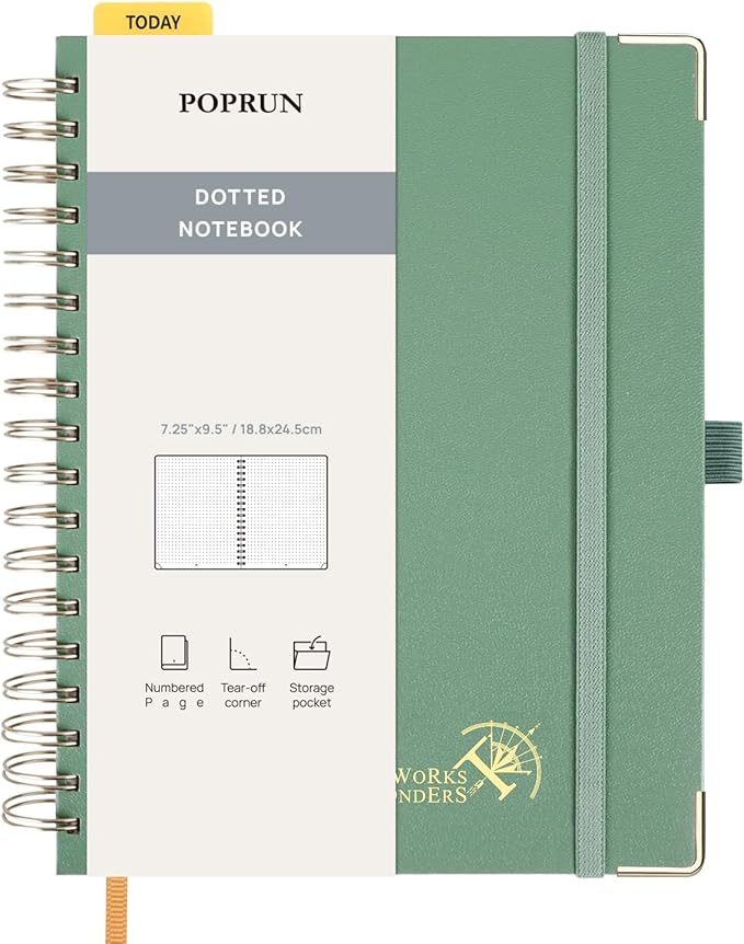 POPRUN Dotted Journal Spiral Notebook, B5-7-1/4 x 9-1/2", 220 Pages, 120 GSM Dot Grid Notebooks, Hardcover Spiral Journals for Writing Journaling Drawing Women Men Work School, Midnight Green