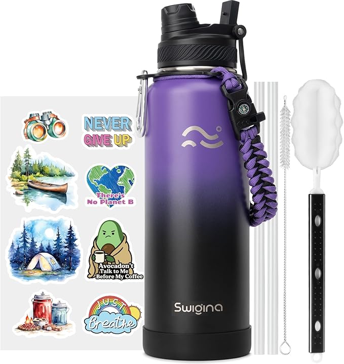 Swigina [2-IN-1 LID] Insulated Water Bottle with Silicone Boot (36hrs Cold/18hrs Hot) - DIY Stickers, Leakproof, BPA Free, 40 oz