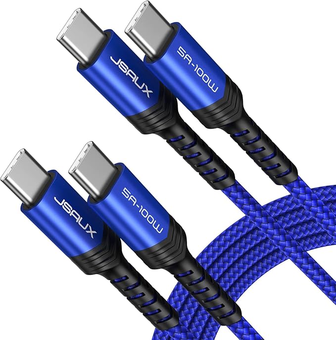 JSAUX 100W USB C to USB C Cable for iPhone 17, USBC Type C Charge Cord 5A Fast Charging Compatible with iPhone 17 Air 16 15 Pro Max Samsung Galaxy S25 S24 MacBook iPad Pro Carplay (2-Pack, 6.6ft) Blue