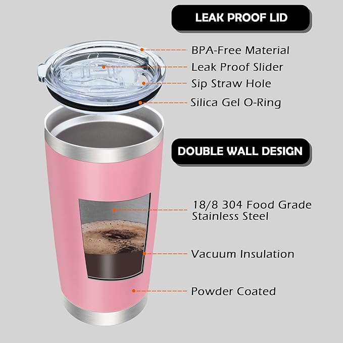 AIANJI 20oz Tumbler Bulk Stainless Steel Tumblers with Lid Vacuum Insulated Double Wall Travel Coffee Mug Powder Coated Tumbler Cup for Hot and Cold Drinks(Pink, 1 pack)