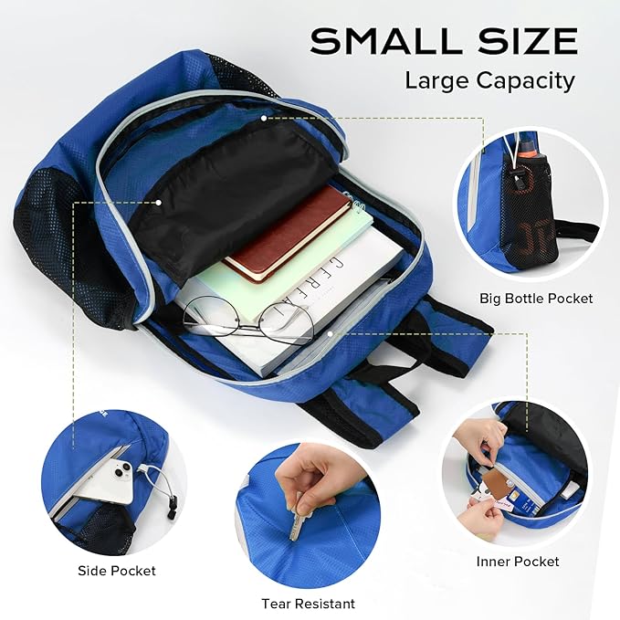 VPBAGE 15L Water-resistant Hiking Daypack, Small Backpack Travel Outdoor, Lightweight Day Pack with Tool Loops