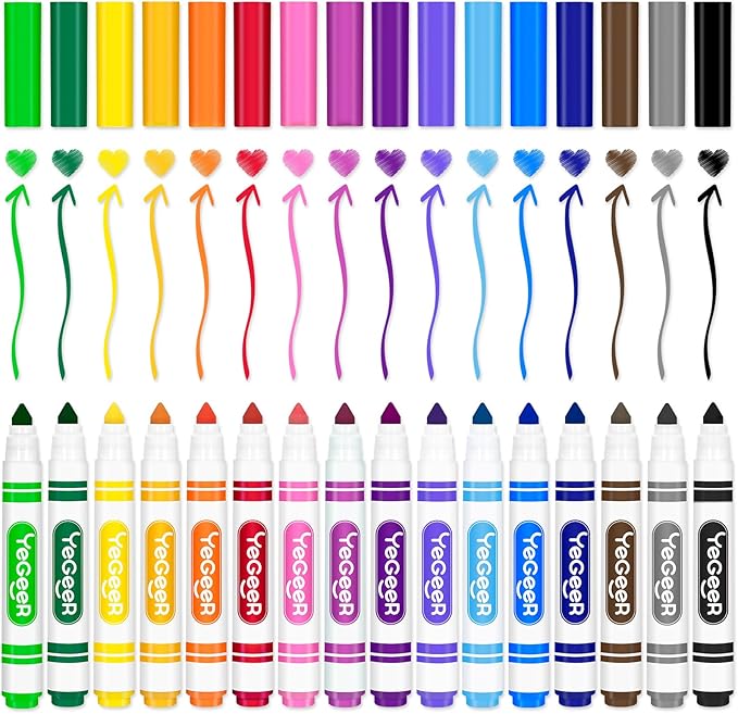 YEGEER 320 Count Washable Markers Bulk – 16 Assorted Colors, Broad Tip Markers for Kids, Teachers, and Classroom Supplies, Perfect for Art and Coloring.(320)