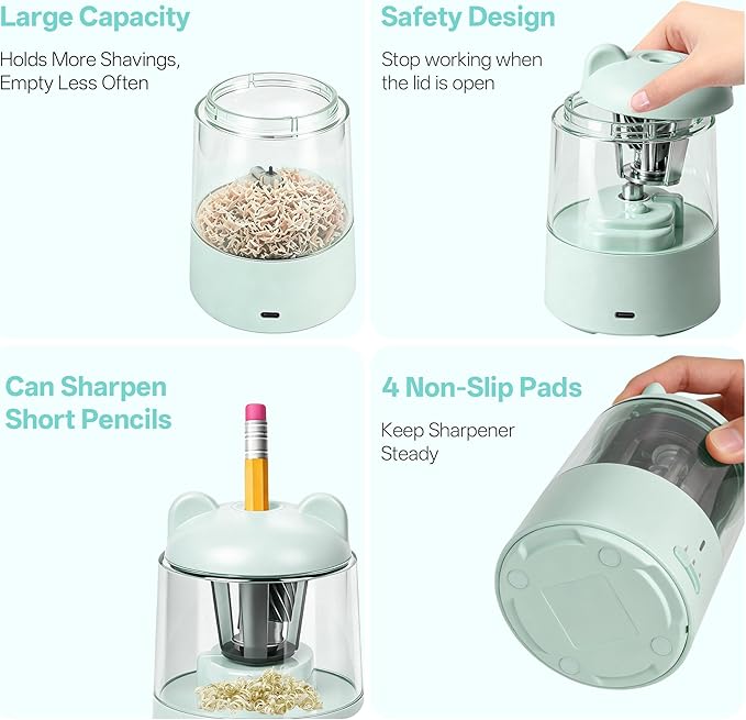 Electric Pencil Sharpener, Auto Stop Fast Sharpen in 3s, Battery Powered Pencil Sharpeners for No.2 & 6-8mm Colored Pencils, Cute Rechargeable Pencil Sharpener for Classroom/Office/Home (Green)