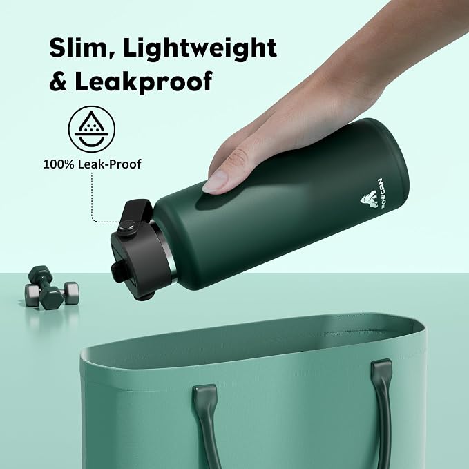 POWCAN 18 oz Water Bottle Insulated: Leakproof Lid with Straw, Lightweight, Flex Cap, BPA-Free, Stainless Steel Water Bottle for Office, Trekking, Commute, Worker, Walking, Cycling (Fir Green)